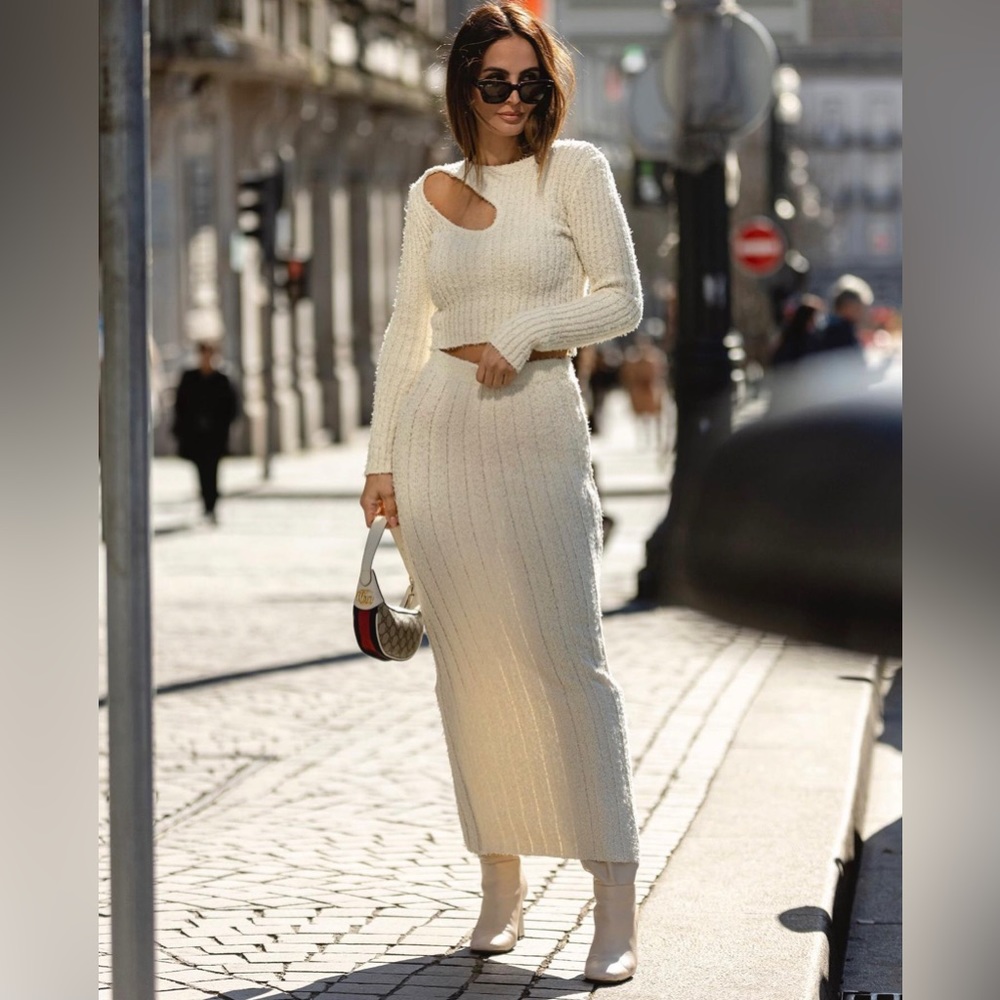 Zara Set - Ecru Cut Out Chenille Sweater & Skirt
